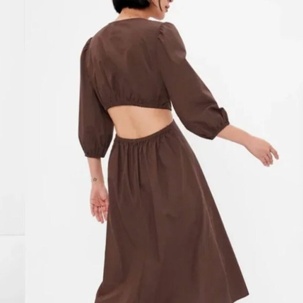 Gap Puff Sleeve Cut Out Midi Dress Long Sleeve Brown Size M - Picture 2 of 7